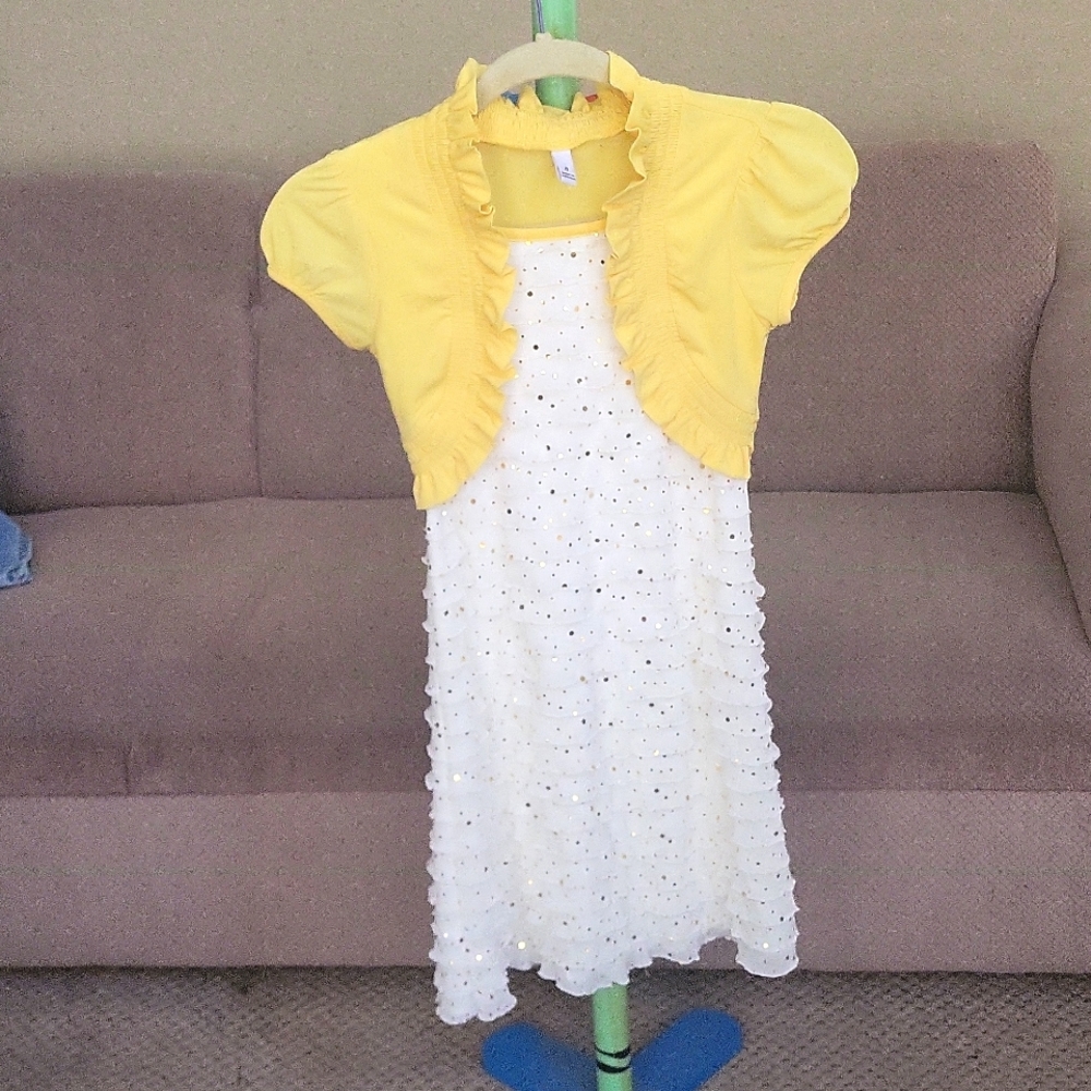 Girls white and gold sequined sprinkled ruffle dress with yellow shoulder cover